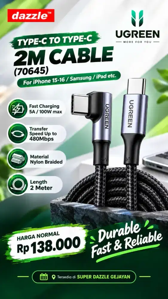 UGREEN TYPE C TO TYPE C 2M CABLE (70645)