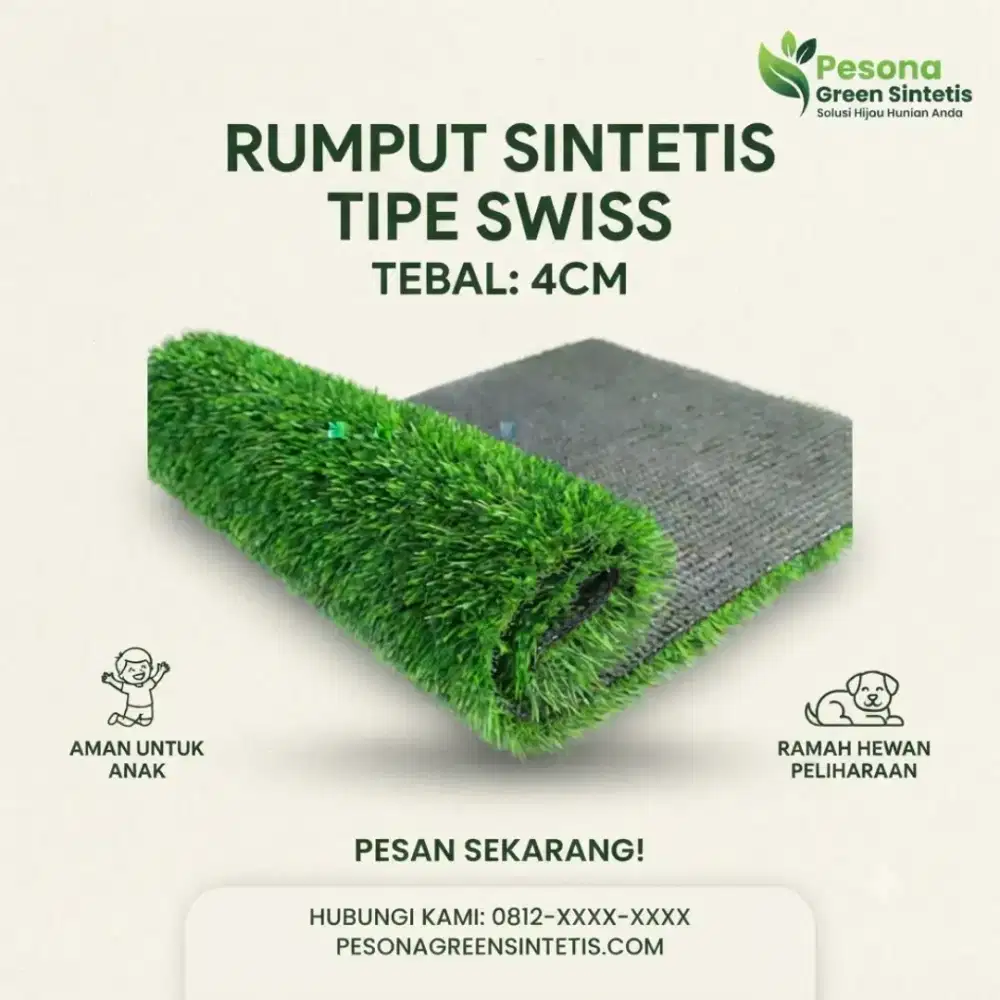 RUMPUT SINTETIS TIPE SWISS TEBAL 4 CM BERPORI ANTI UV UNTUK TAMAN