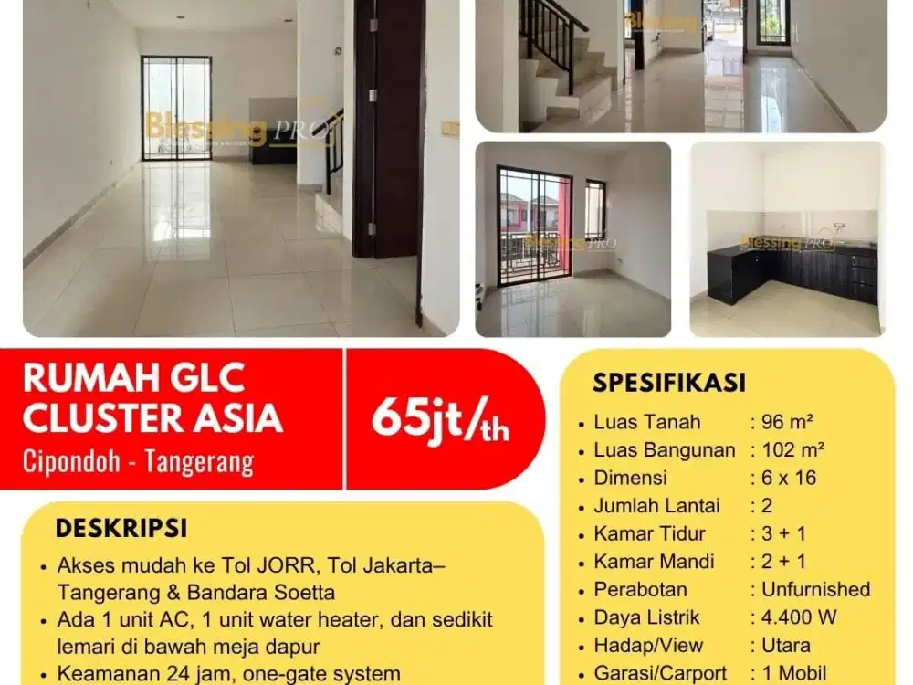 Disewakan Rumah GLC Cluster Asia Cipondoh Tangerang 2 Lantai LT 96m²
