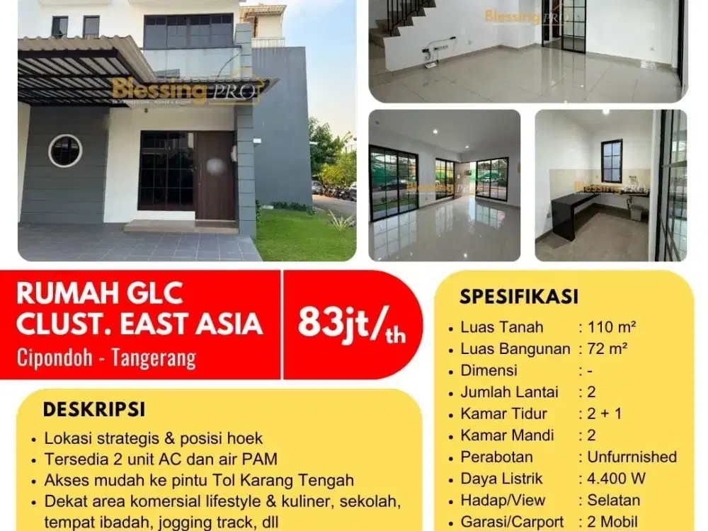 Disewakan Rumah Hook GLC East Asia Cipondoh Tangerang 2 Lantai LT 110m² Dekat Tol Karang Tengah