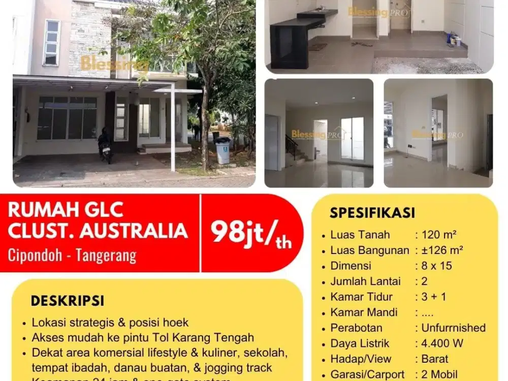 Disewakan Rumah GLC Cipondoh Tangerang 2 Lantai Hook Siap Huni