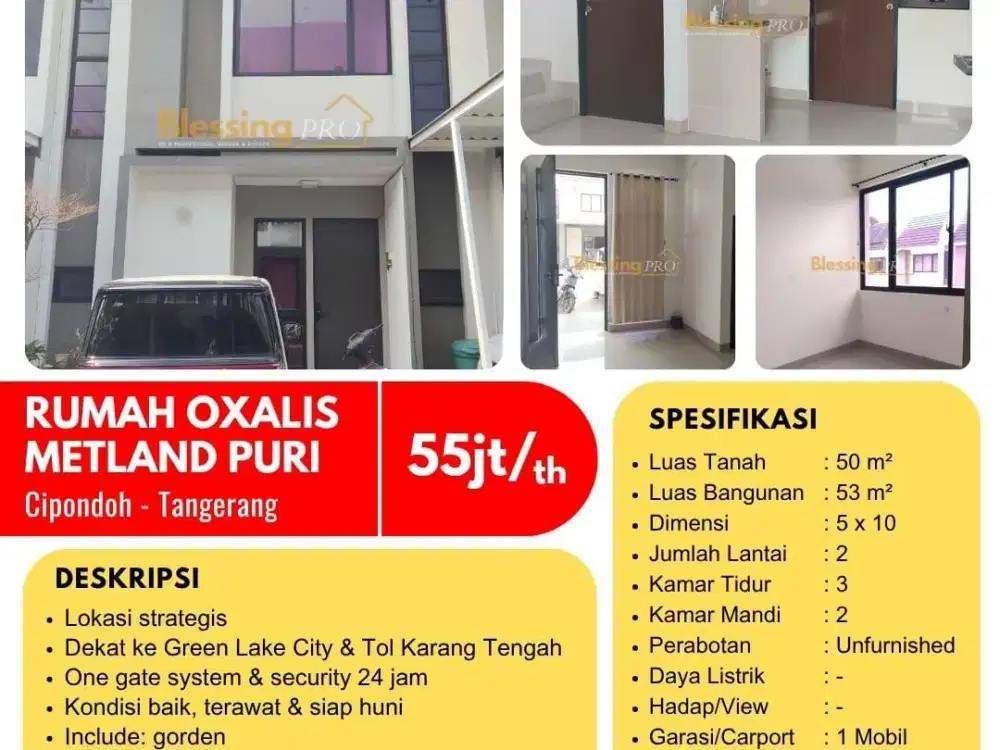 Disewakan Rumah 2 Lantai Metland Puri Cipondoh Tangerang – 3 Kamar Tidur