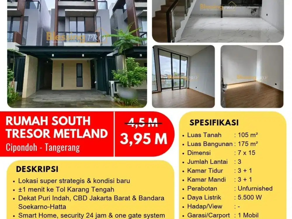 Dijual Cepat Rumah South Tresor Metland Cipondoh 2,5 Lantai SHM Dekat Tol Karang Tengah