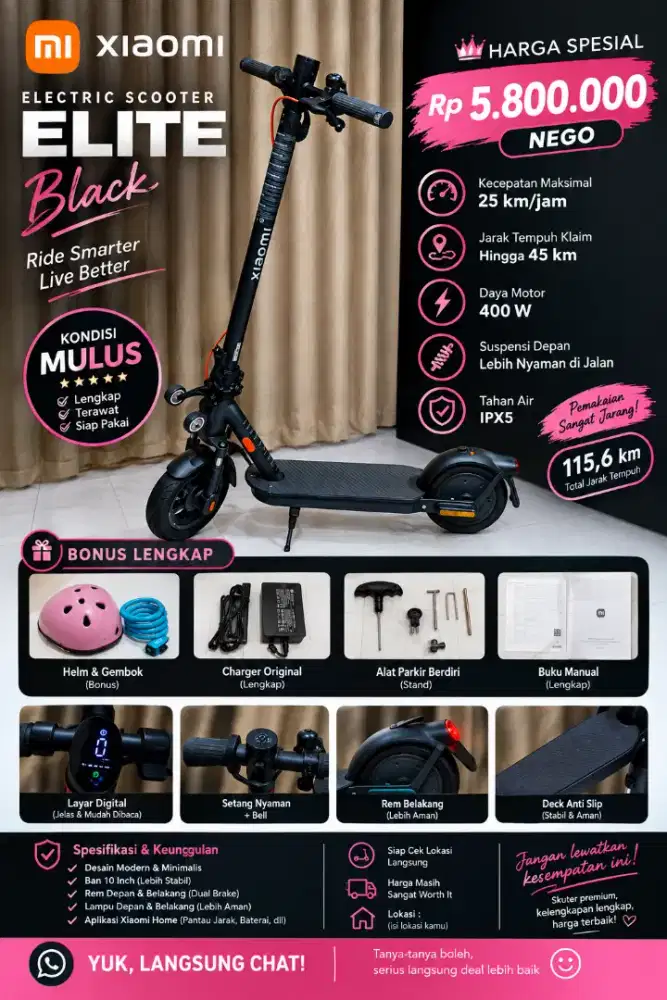 Xiaomi Electric Scooter Elite Black | Mulus | KM 115 | Fullset | Nego