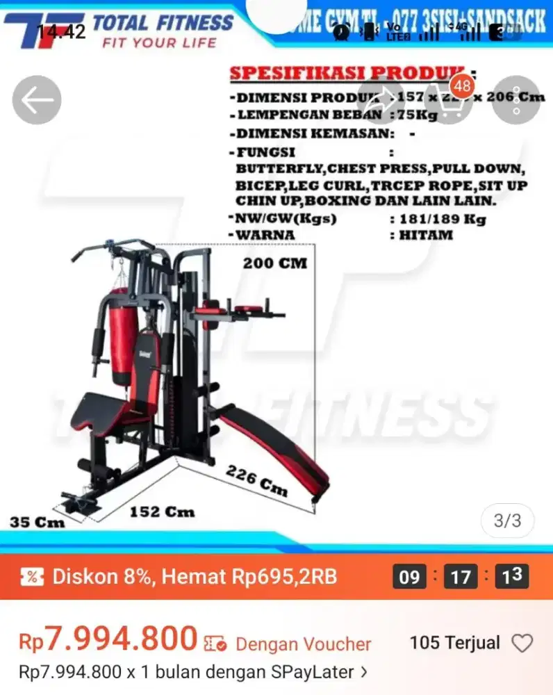 Alat olahraga fitnes gym. Home gym 3 sisi + samsak