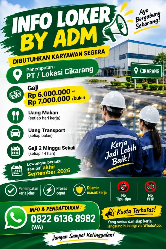 Loker Cikarang – Gaji 6–7 Juta, Dibayar 2 Minggu Sekali