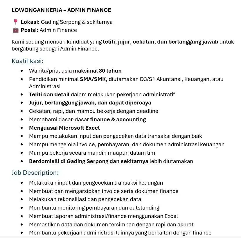 LOWONGAN KERJA – ADMIN FINANCE