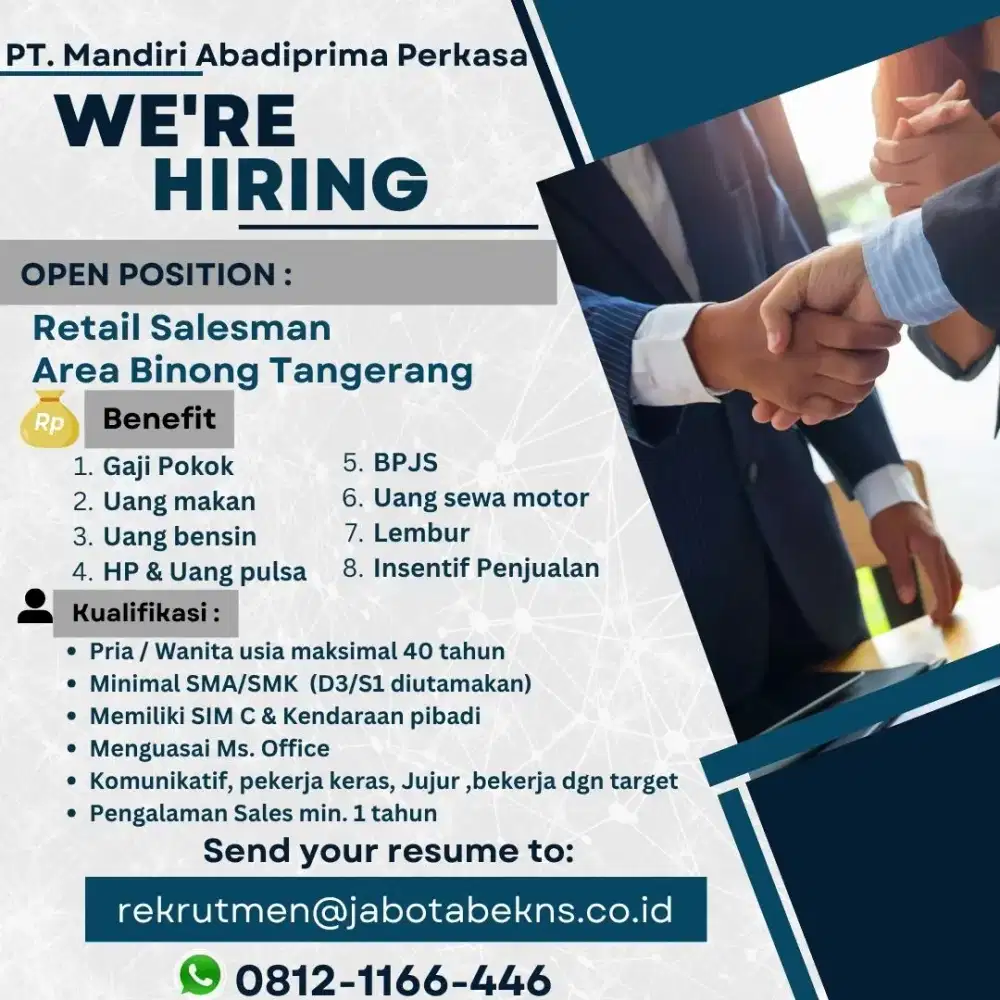 Butuh Cepat : Retail Salesman Semen Tiga Roda area Binong Tangerang