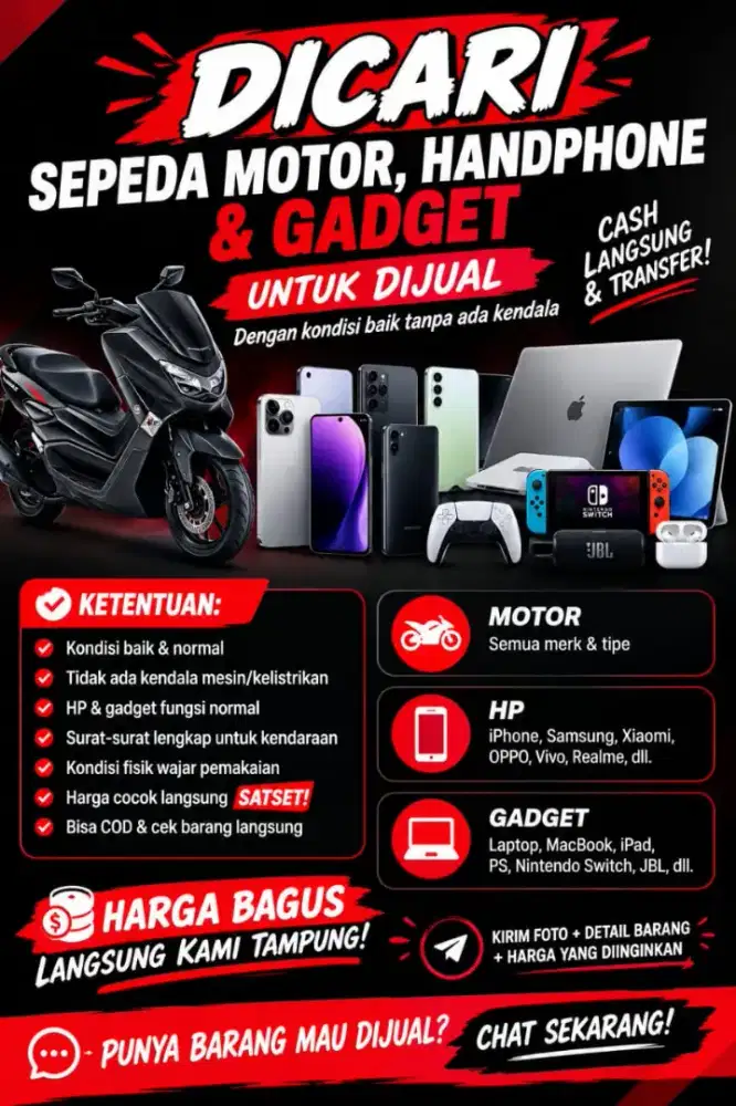 DICARI SEPEDA MOTOR, HANDPHONE & GADGET
