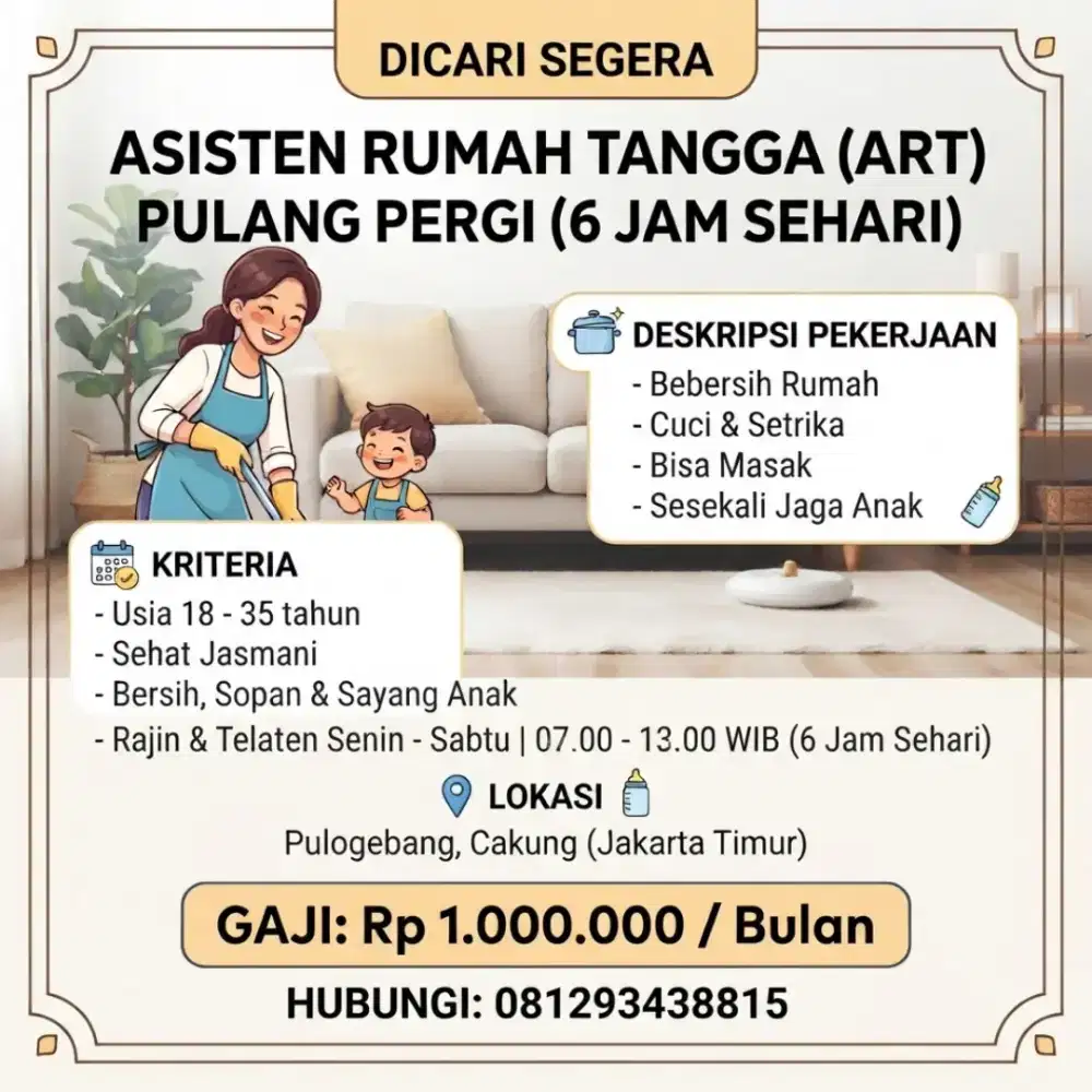 Dicari ART Kerja 6 jam sehari gaji RP 1.000.000