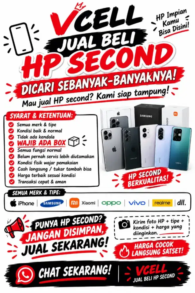 VCELL JUAL BELI HP SECOND
DICARI HP SECOND SEBANYAK-BANYAKNYA!