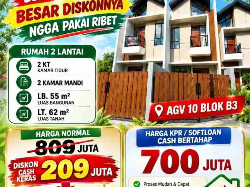 RUMAH 2 LANTAI | CASH MULAI 600 JUTA | SHM | PBG/IMB | FREE BPHTB, AJB & BALIK NAMA