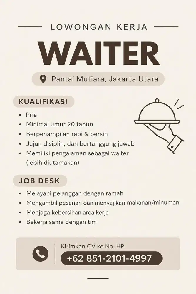 WAITER PRIA LOKASI PLUIT PANTAI MUTIARA