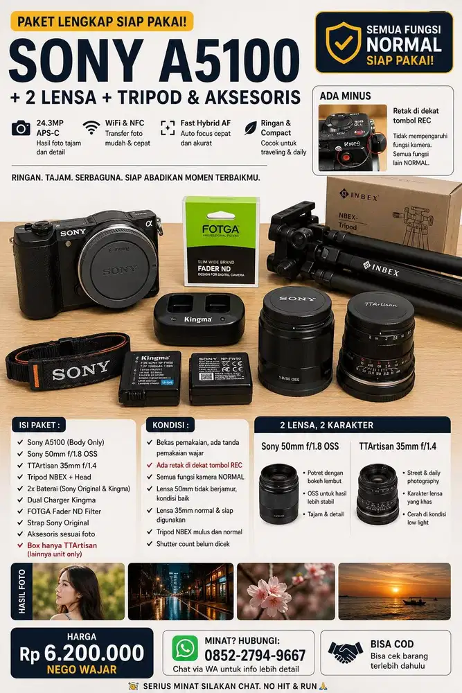 SONY A5100 + 2 LENSA + TRIPOD NBEX | PAKET LENGKAP
