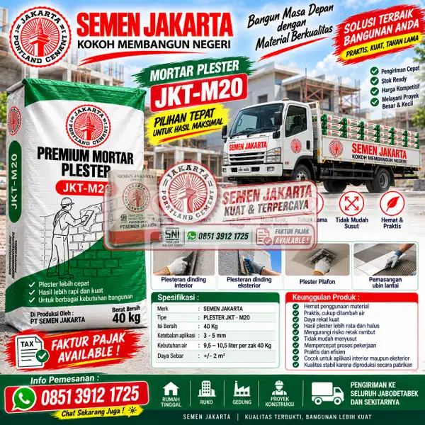 PROMO- MORTAR PLESTER PLASTER SEMEN JAKARTA JKT-M20 PREMIUM @ 40 KG