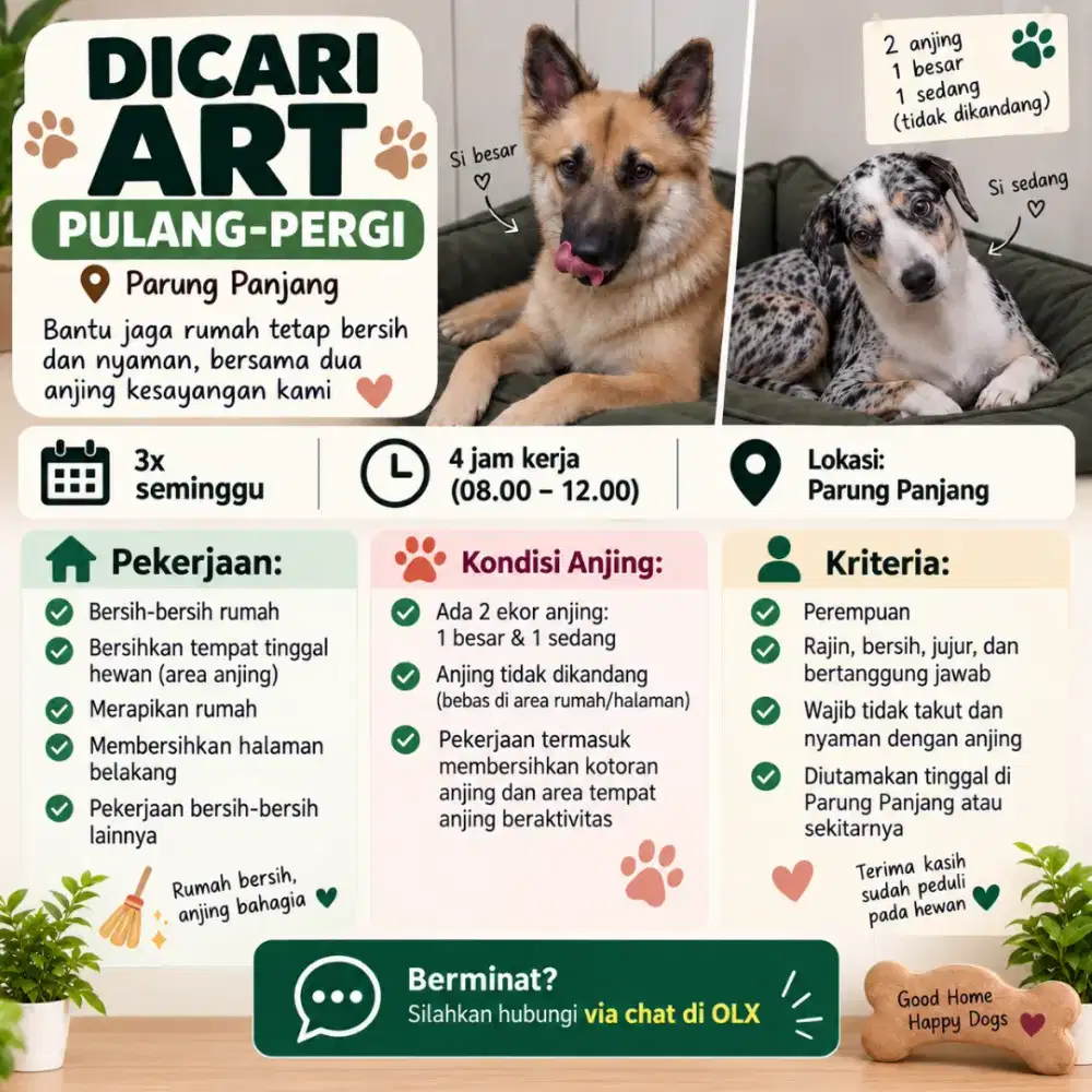Dibutuhkan ART Pulang Pergi Parung Panjann