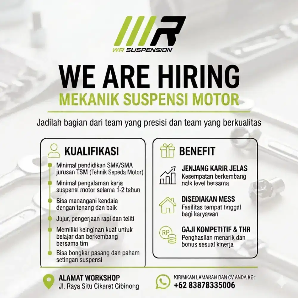 We are hiring mekanik suspensi motor