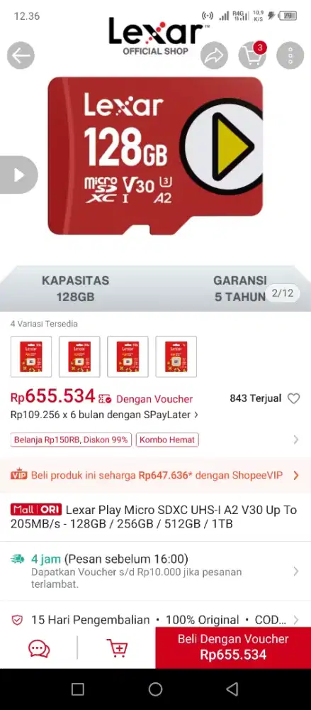 Memory card lexar 128 play original