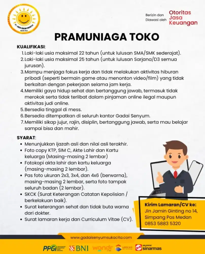 Lowongan kerja PT GADAI SENYUM SUKACITA