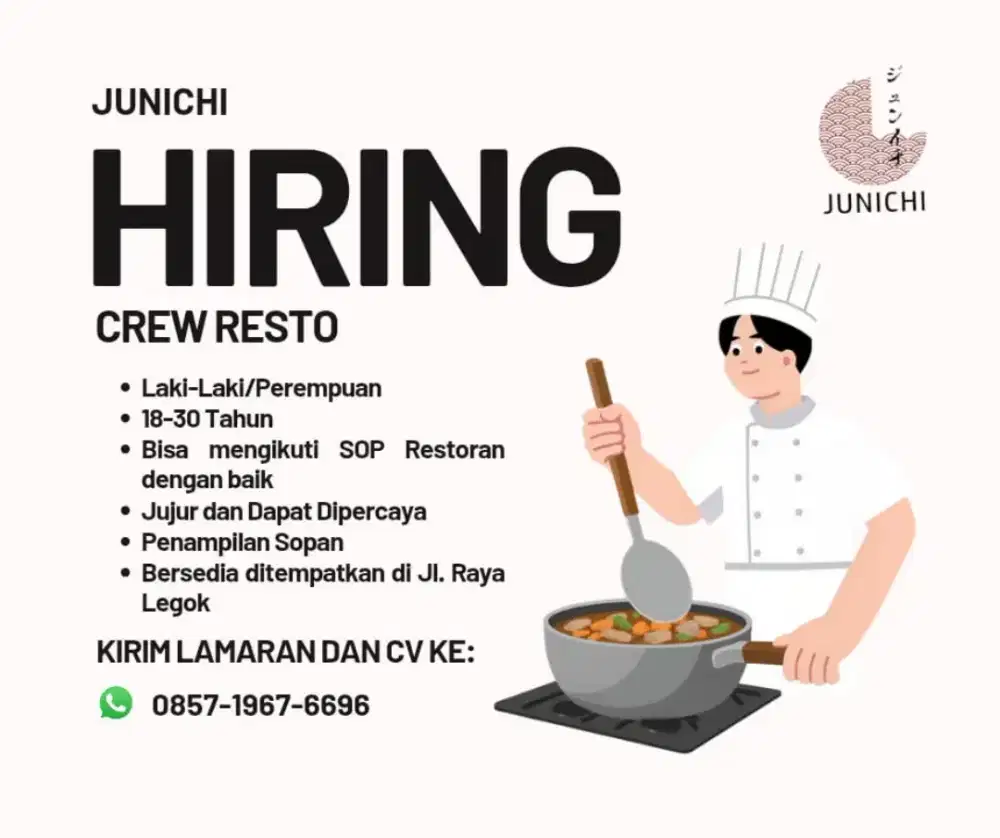 Dicari crew restaurant area jati asih jalan raya legok