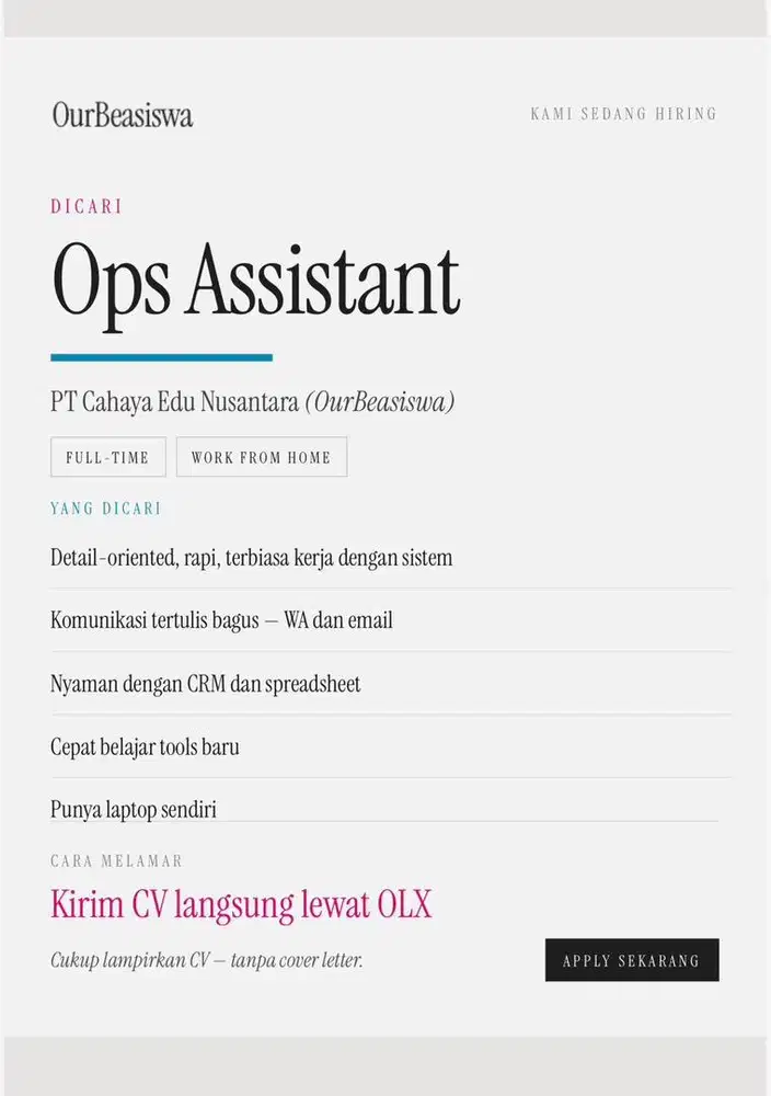 Lowongan Kerja Ops Assistant Full WFH