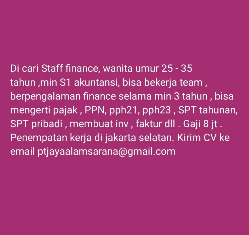 Di cari staff finance