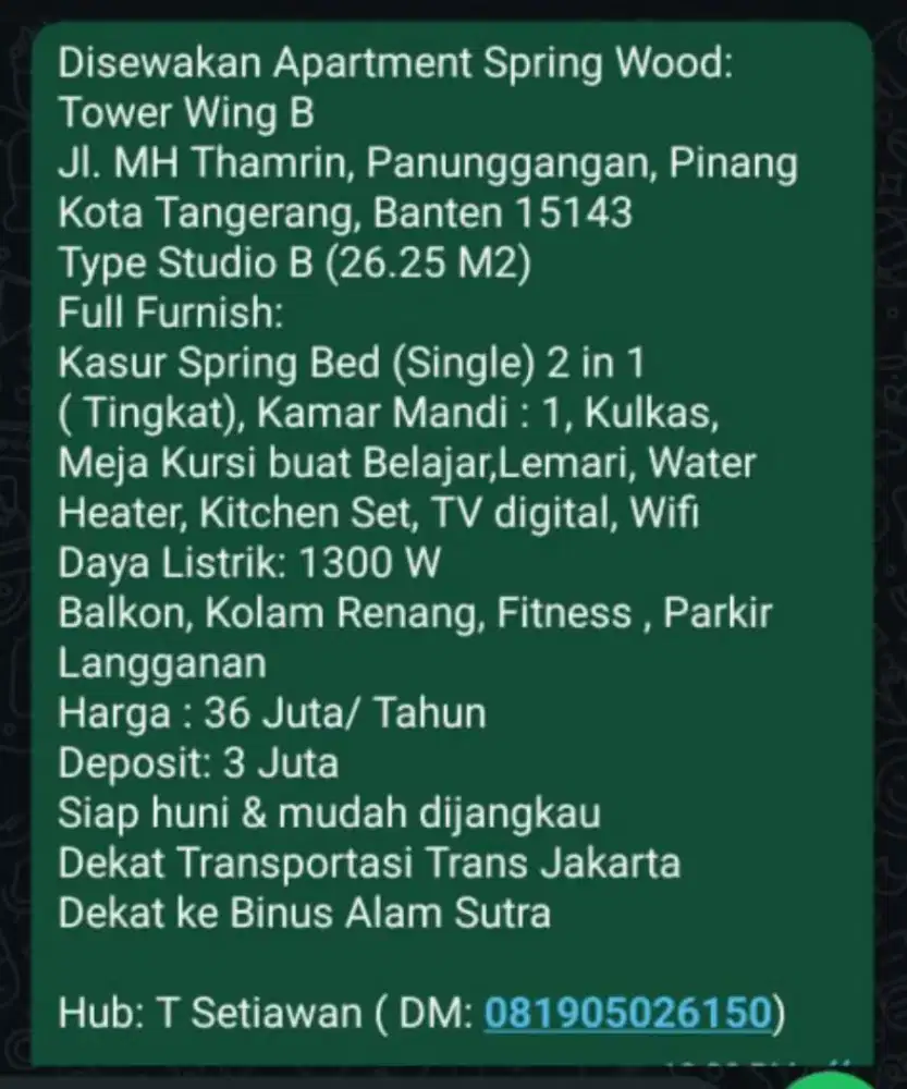 Disewakan Apartment Spring Wood, Studio B, Full Furniture