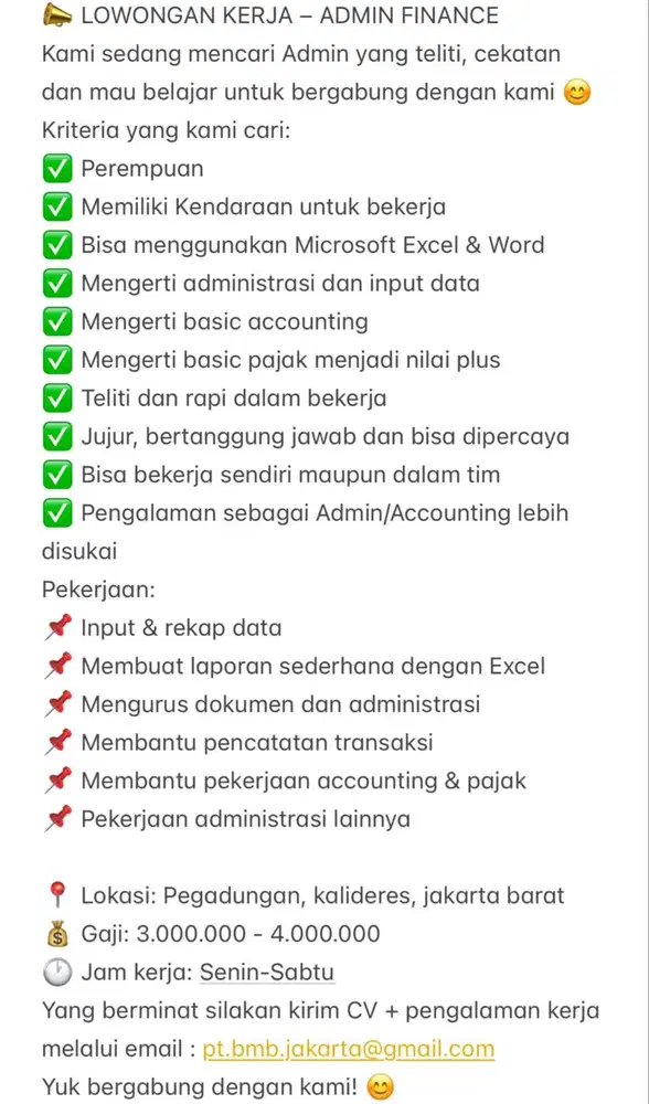 LOWONGAN KERJA ADMIN FINANCE ADMIN KEUANGAN