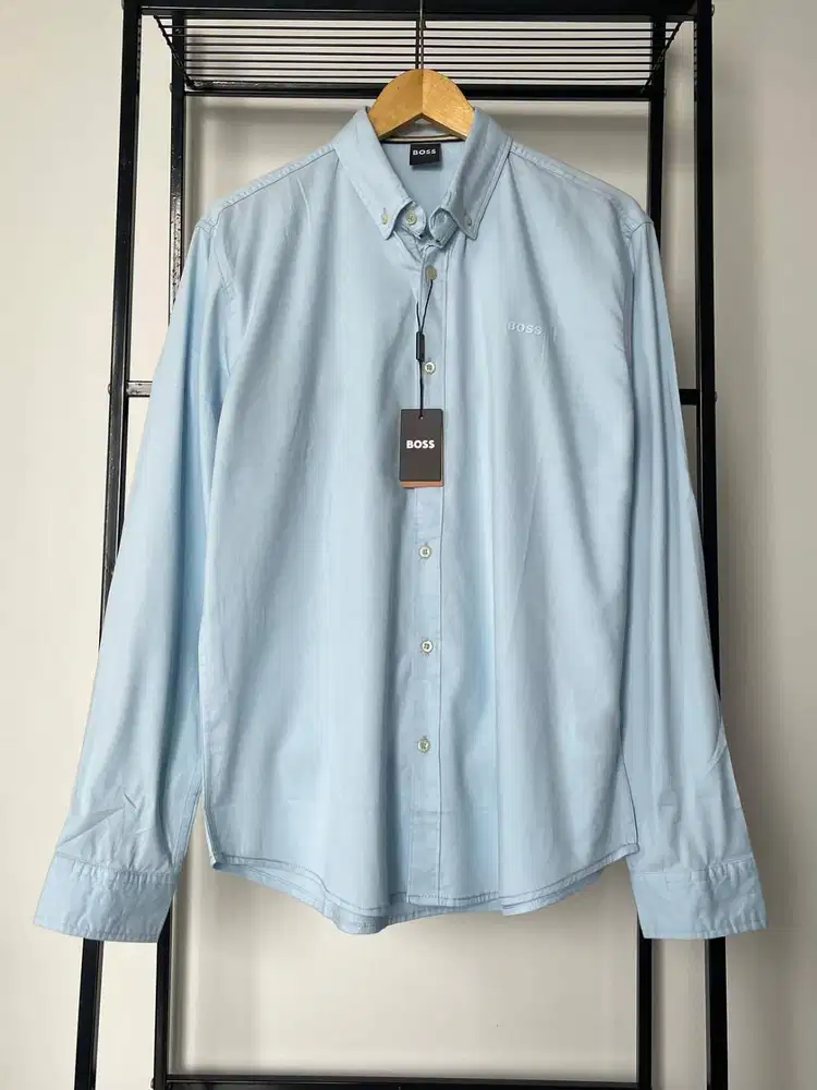 BOSS MEN SLIM BUTTON DOWN COTTON LONG SLEEVE SHIRT - SOFT BLUE (L-XL)
