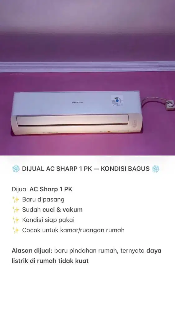 Jual AC Sharp 1pk kondisi Bagus