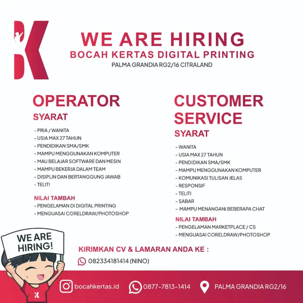 Lowongan operatoir dan CS digital printing