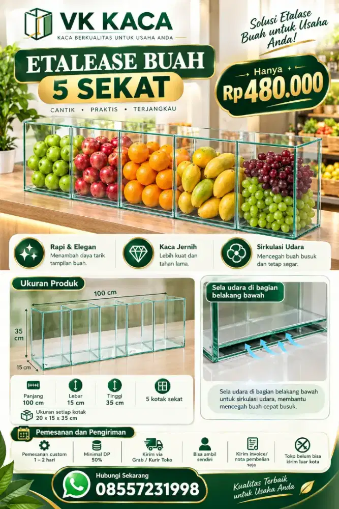 Etalase kaca display buah ukuran 100 cm