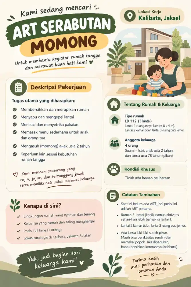 DICARI SEGERA: ART Serabutan & Momong Anak
