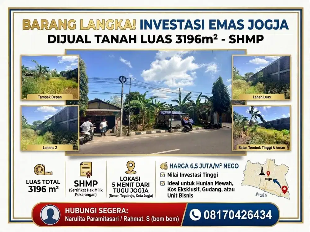 Barang Langka-Tanah Luas 3196 m² SHM Pekarangan di Bener, Tegalrejo