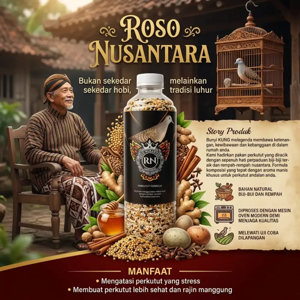 Pakan perkutut RN Roso Nusantara dari biji-bijian dan rempah jamu