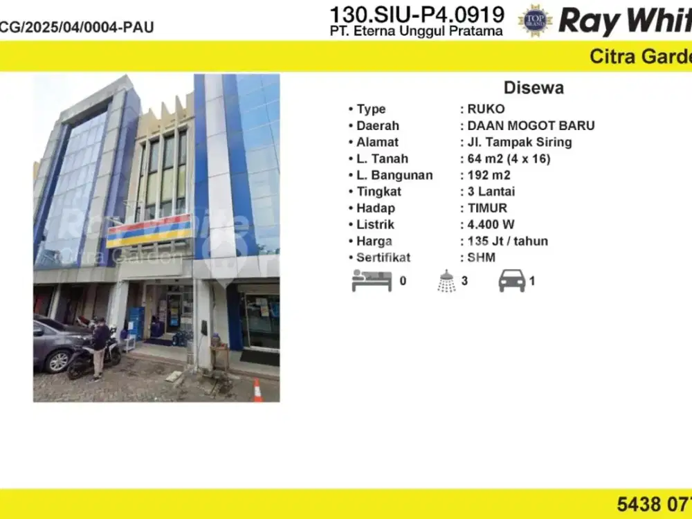 Disewakan Ruko 192 m2 Daan Mogot Baru, Jak Bar 0004-PAU