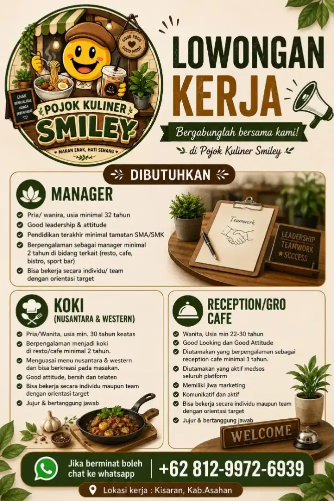 Dibutuhkan segera manager, koki dan kasir untuk cafe / bistro