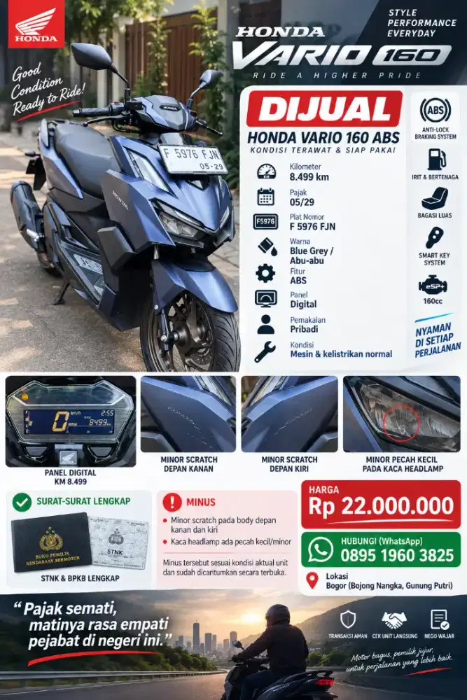 Dijual Vario 160 Abs Blue Matte km 8.500