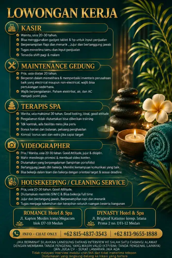 Dibutuhkan kasir, crew / ob, maintenance, videographer dan terapis spa
