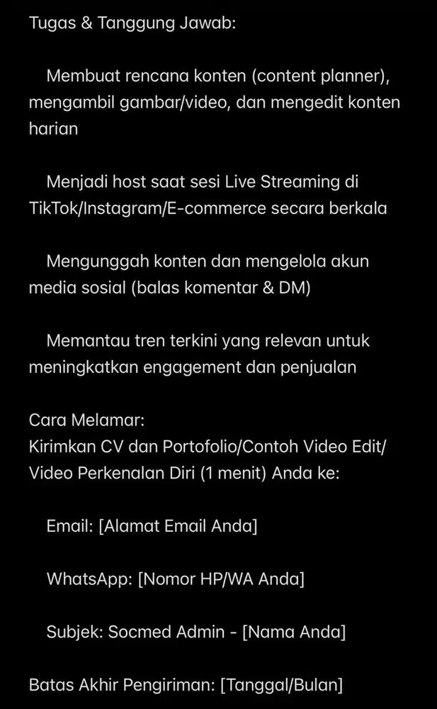 LOWONGAN KERJA: SOCIAL MEDIA ADMIN & LIVE HOST