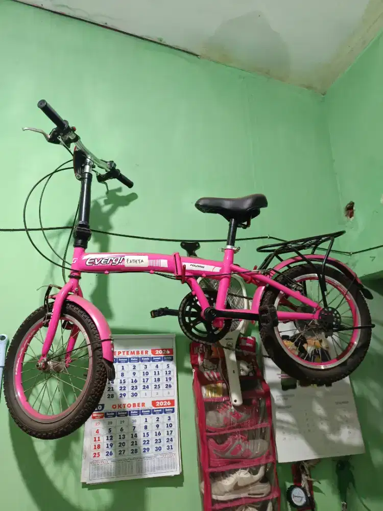 Sepeda lipat anak perempuan Evergreen 16 warna pink 7 gigi speed.