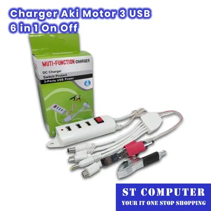 Charger Handphone Colok Aki Motor 3 USB 6 in 1 On Off
