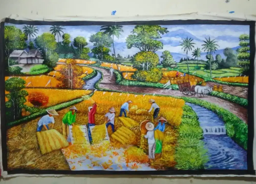 Dijual lukisan kanvas pemandangan panen 90x130 cm