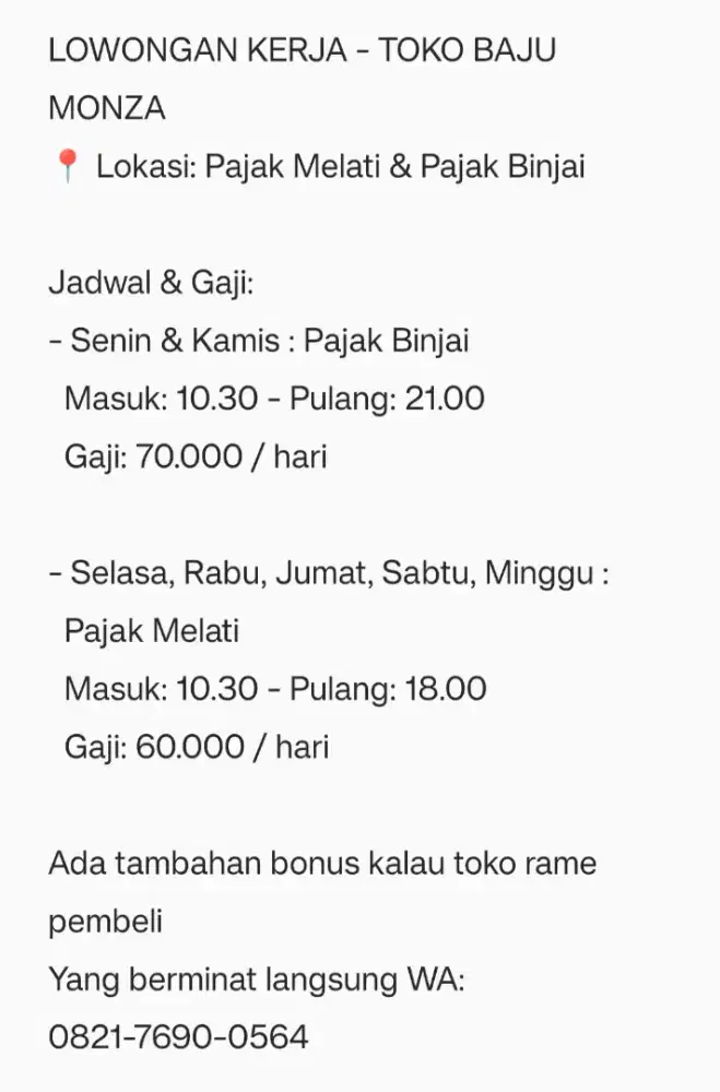 Loker jaga toko baju monza