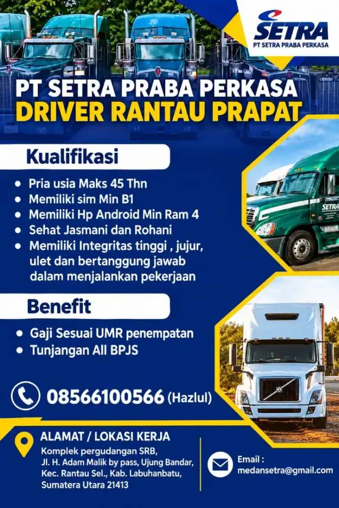 Lowongan kerja Driver Rantau Prapat & Medan