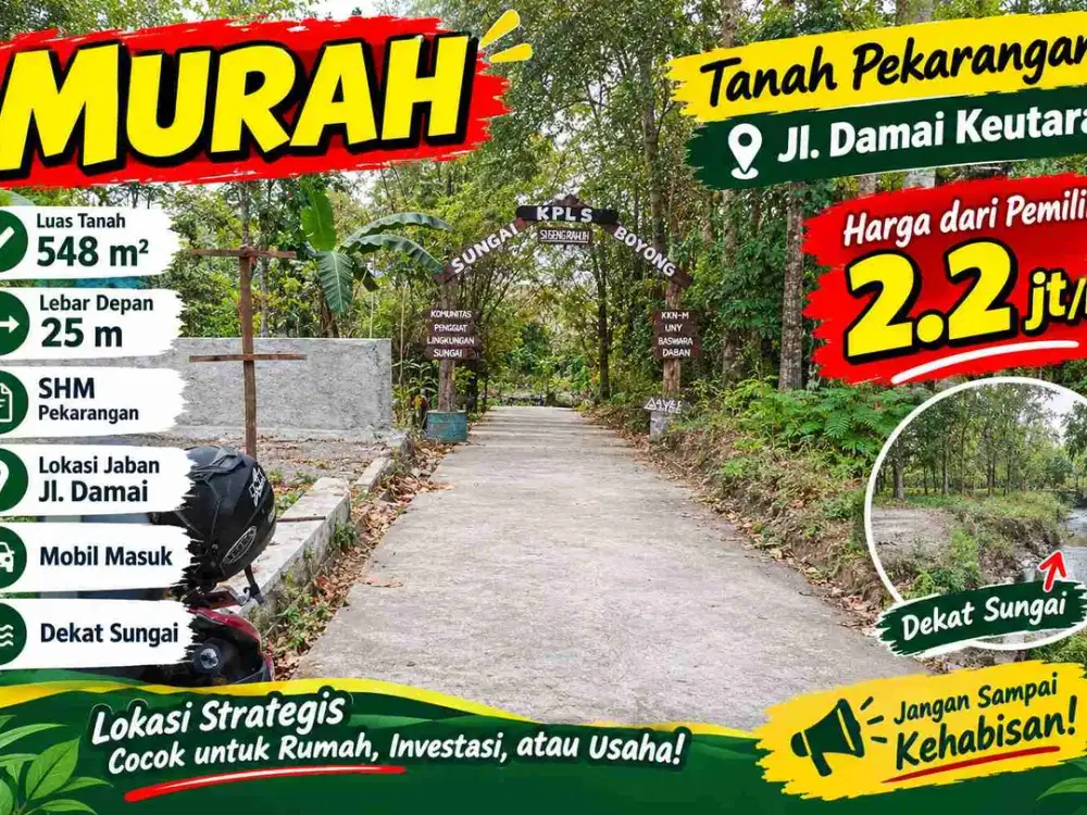 DIJUAL MURAH LANGKA! Tanah Pekarangan 548m² LD 25m SHM - Jl Damai Utara Jaban - Dekat Sungai Boyong - 2,2 Jt/m² Nego Pemilik
