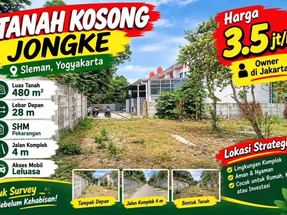 Tanah Pekarangan 480 m² SHM Jongke Sleman – Lebar 28 m – 3,5 Juta/m²