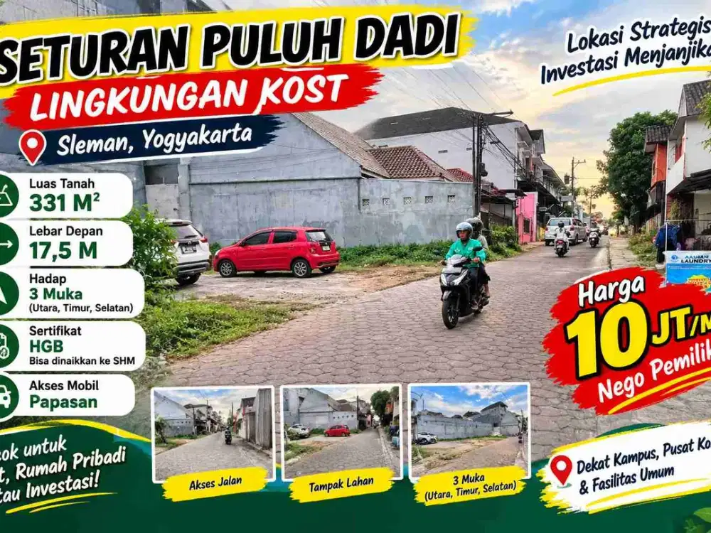 DIJUAL TANAH SETURAN 331m² 3 MUKA HADAP UTARA TIMUR SELATAN - LD 17,5M - Lingkungan Kost Eksklusif - HGB Bisa SHM - 10 Jt/m Nego Pemilik