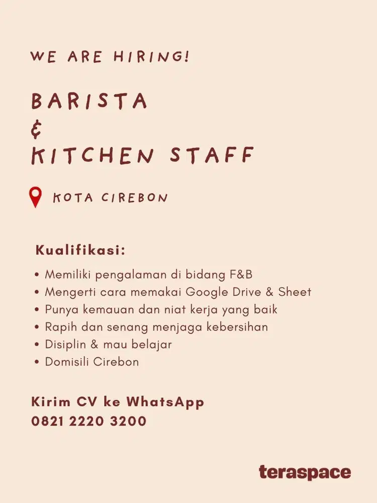 Dicari Barista & Kitchen Staff Kota Cirebon