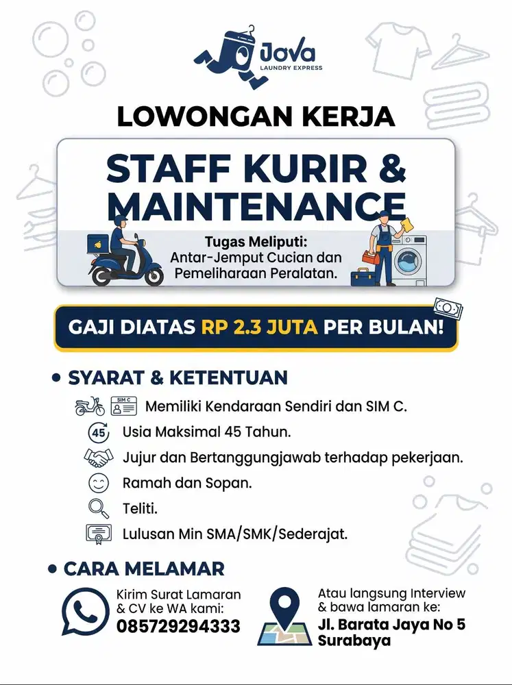 Lowongan Kurir & Maintenance Laundry